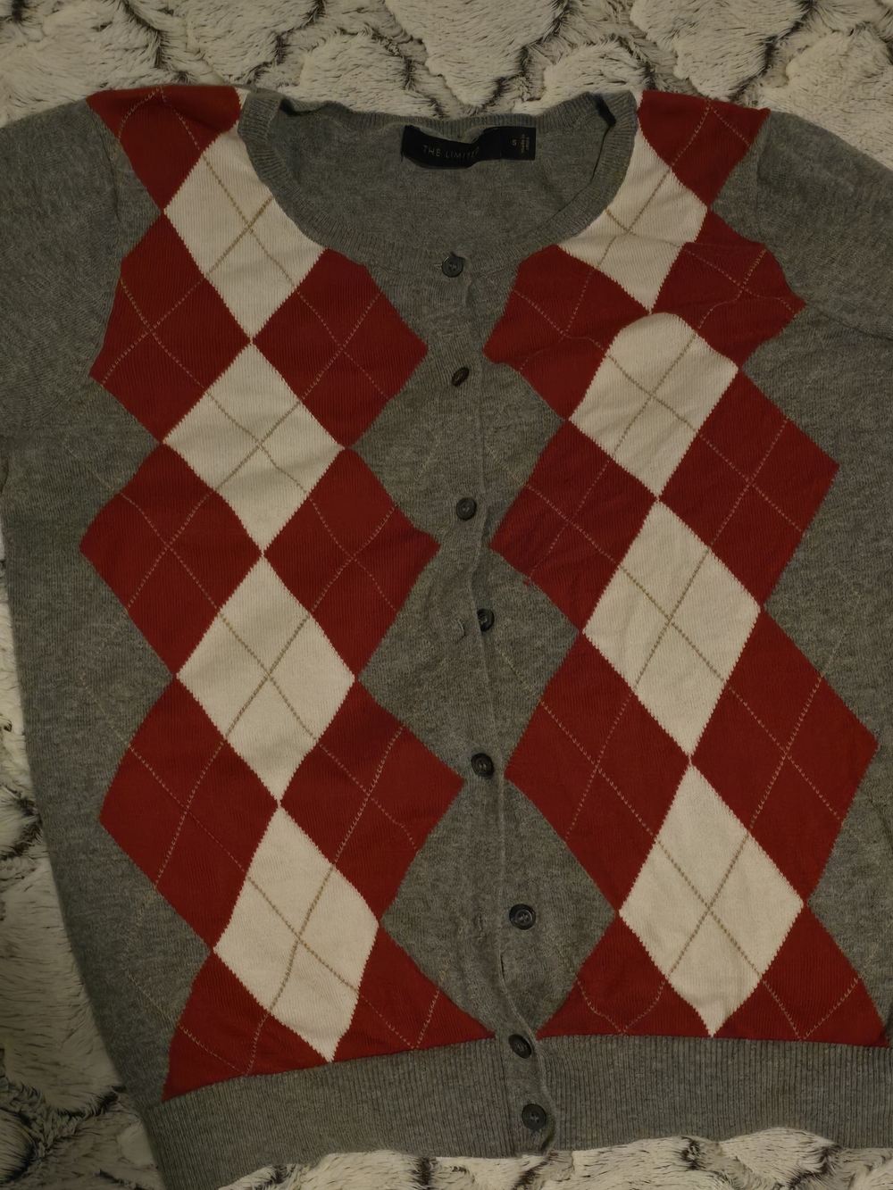 Vintage Y2K The Limited Gray Cardigan Argyle Sweater Sz S 16" Pit To Pit Fits XS